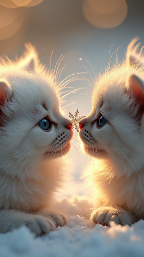 Fluffy Kittens Encounter a Whimsical Snowflake in Golden Lig...
