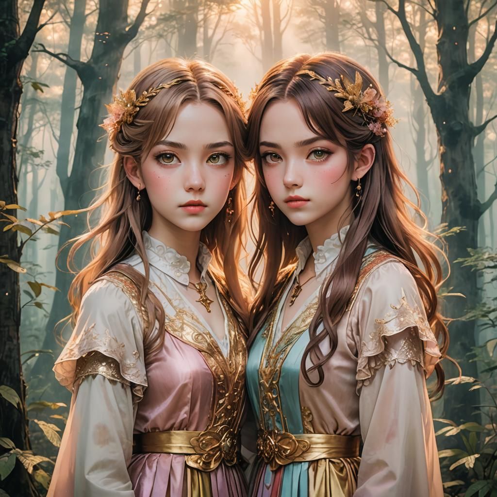 Bella and Alice: Manga-Style Portrait in Misty Forest