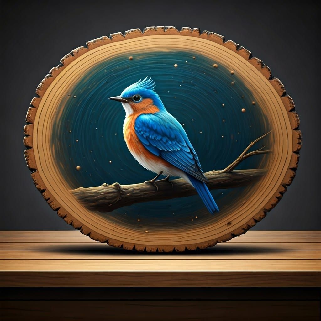 Wooden Table with Vibrant Bluebird Painting in Detailed Fant...