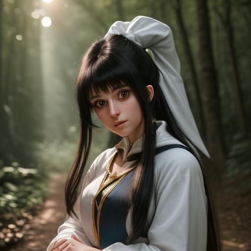 Cute Brunette Wizard in Forest at Sunset