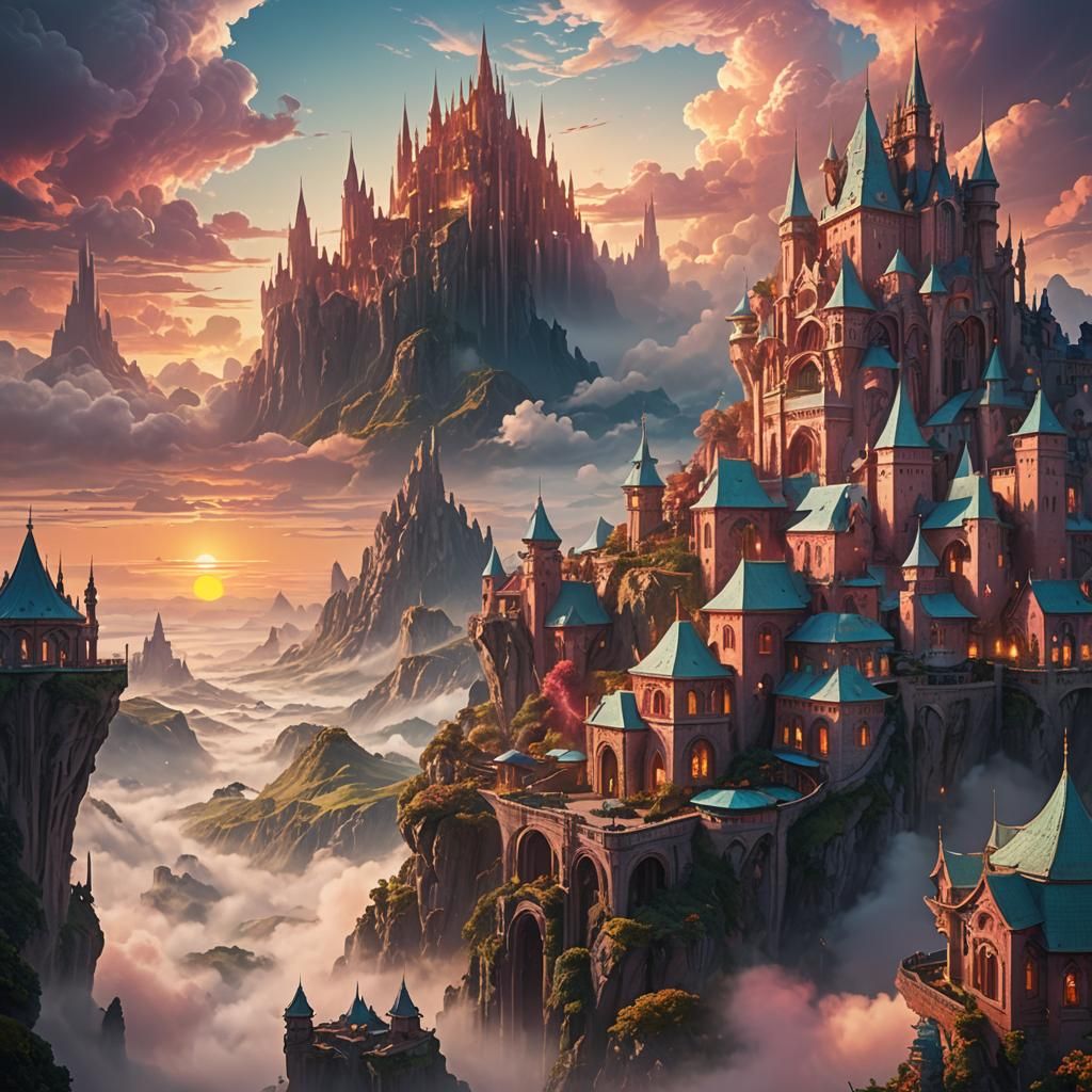 Dual Sunrise Sunset Fantasy World in Detailed Matte Painting
