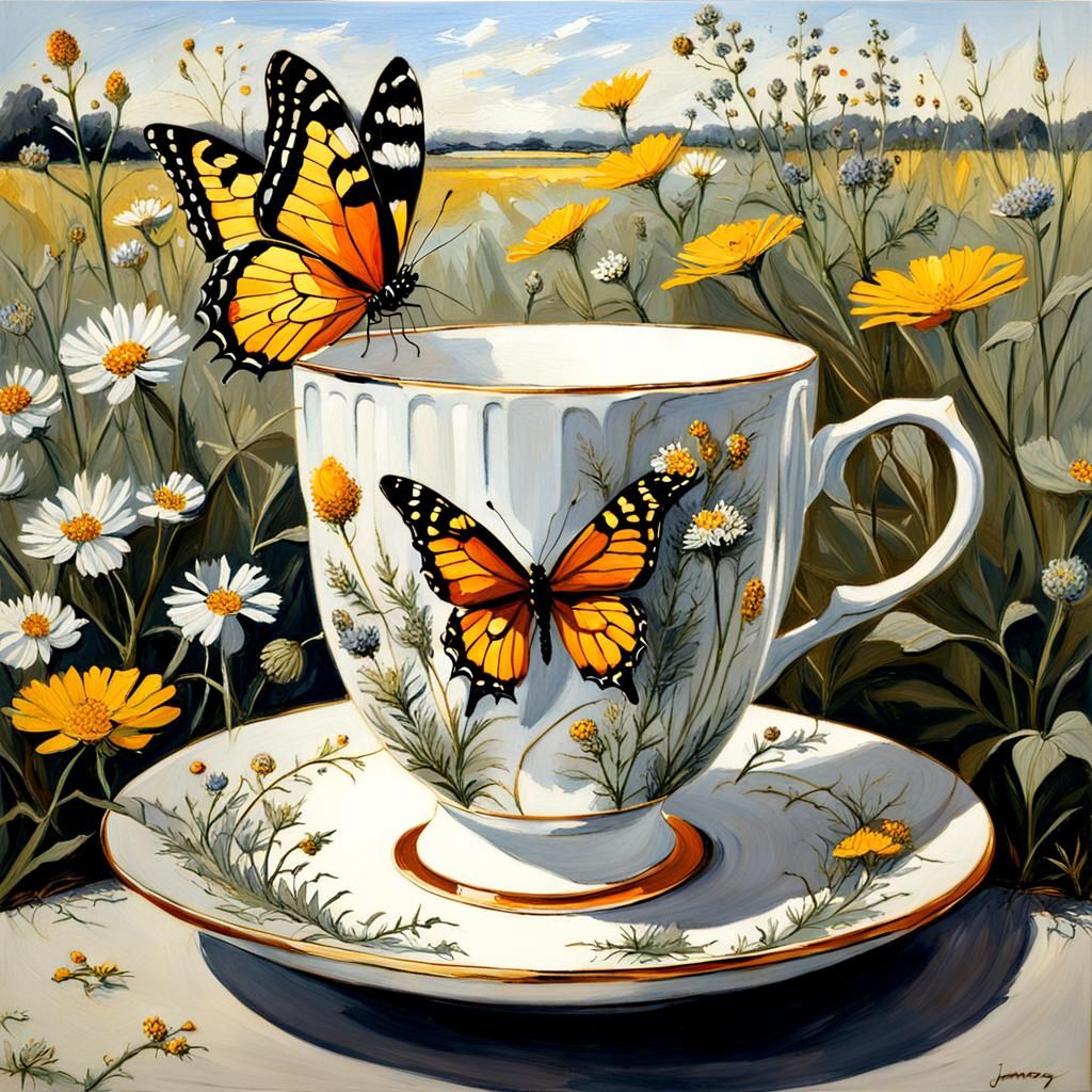 Butterfly on Golden Cup: Oil Painting