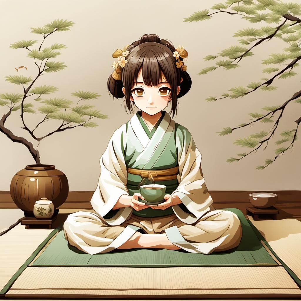 Chibi Tea Ceremony in Cultural Anime Style