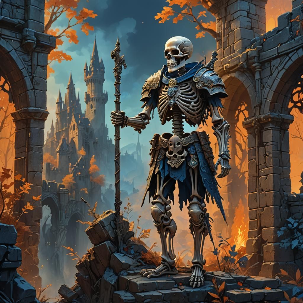 Skeleton Warrior in Mystical Forest Landscape