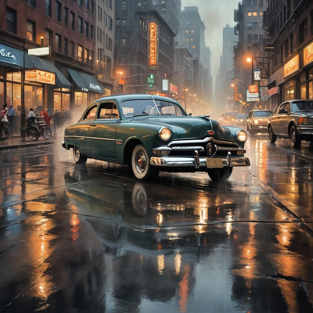 1950 Ford Coupe in Rainy Cityscape Watercolor