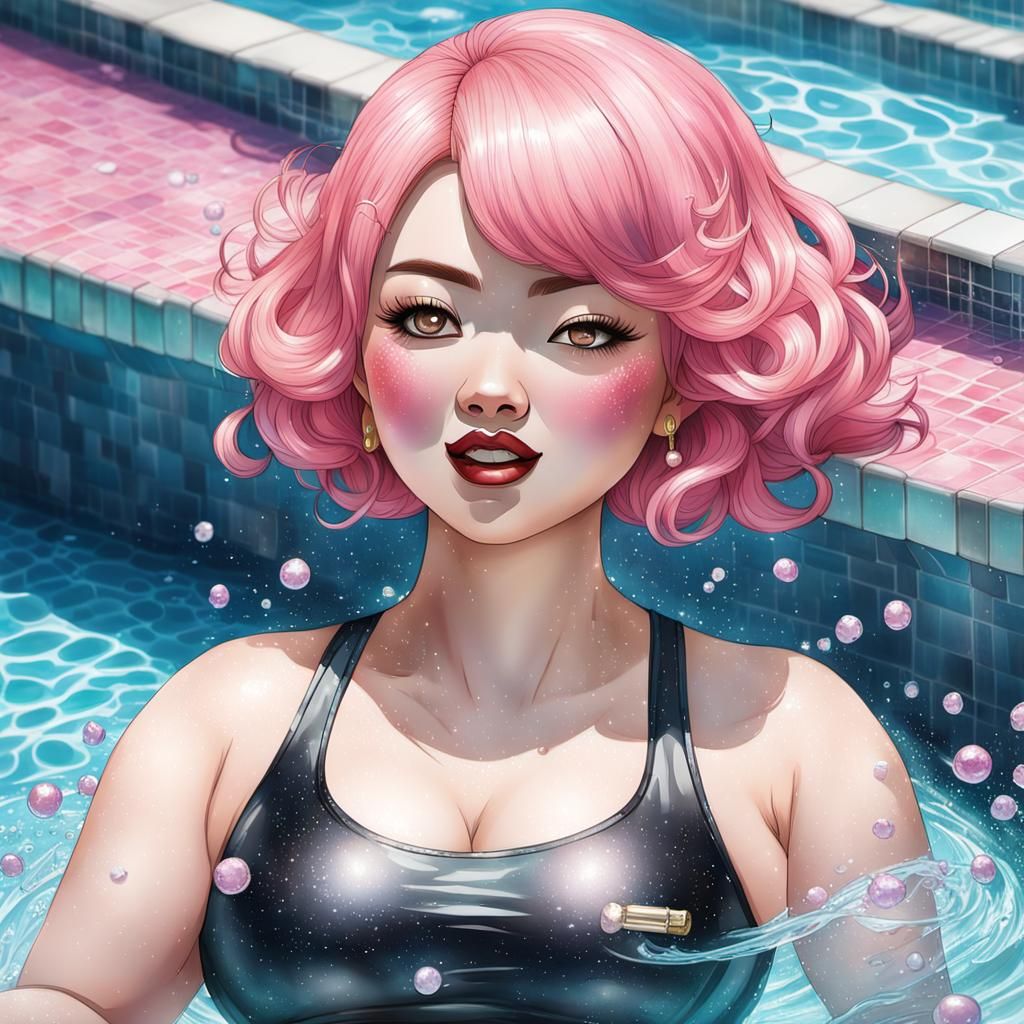 Joyful Pink-Haired Model in a High-Tech Pool