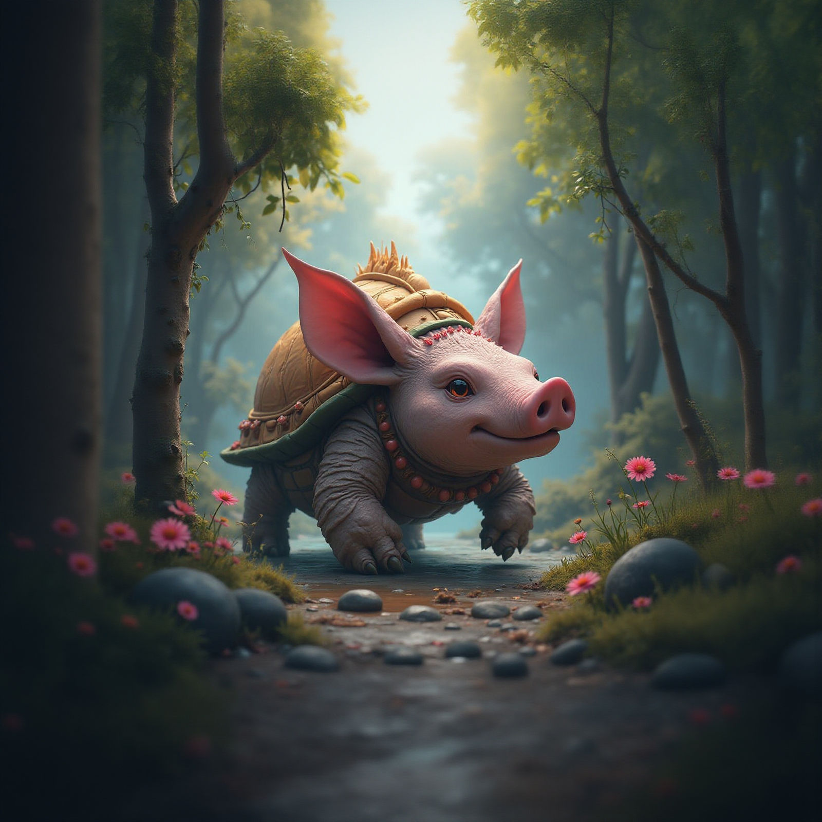 Hybrid Pig-Lion Creature in Mystical Realm