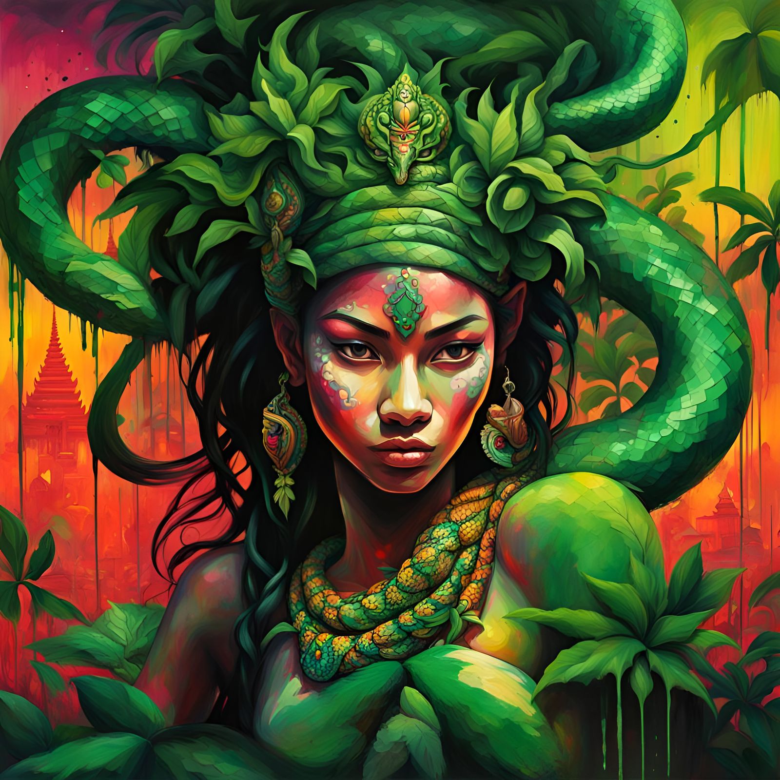 Cambodian Jungle Dancer with Viper: Graffiti Art