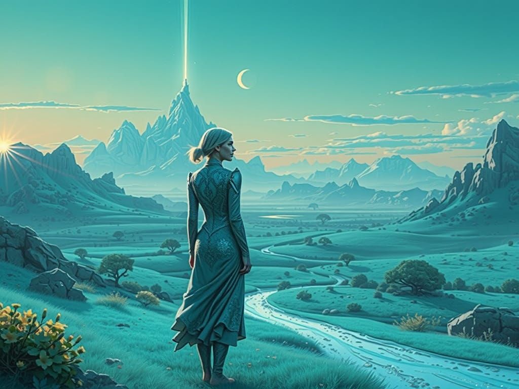 Turquoise Maiden in Dreamlike Landscape, Digital Art