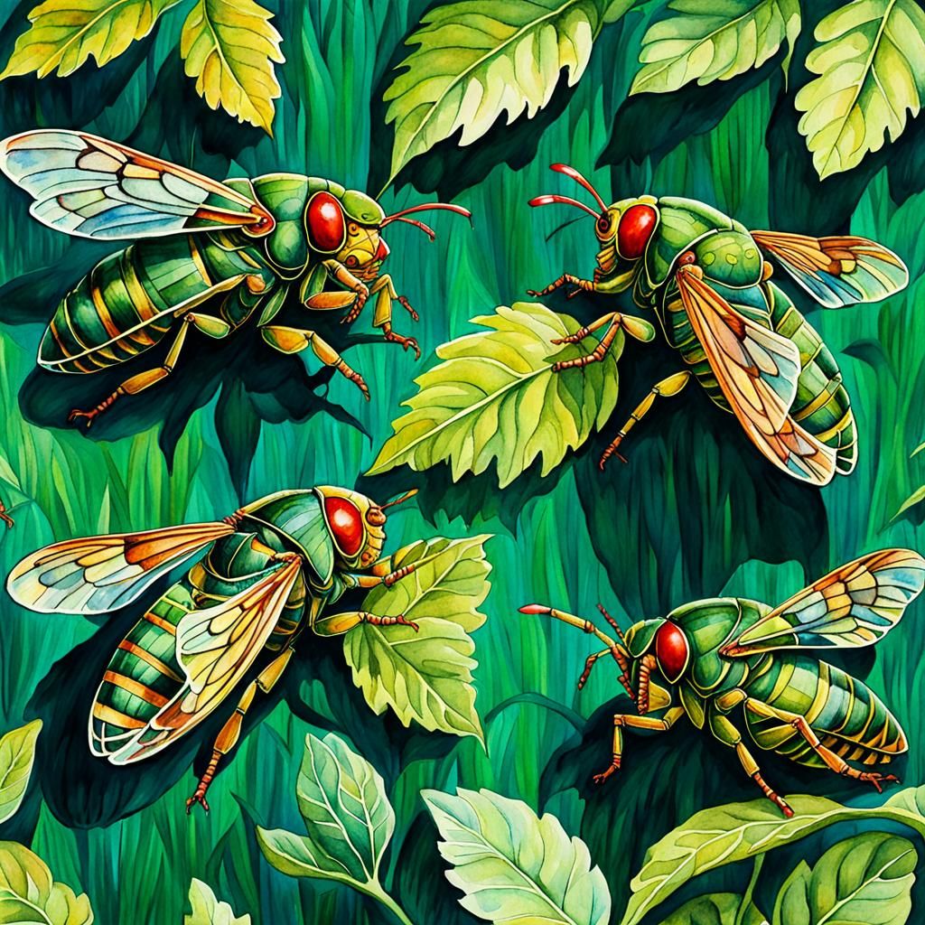 Red-Eyed Cicadas in Watercolor Concept Art