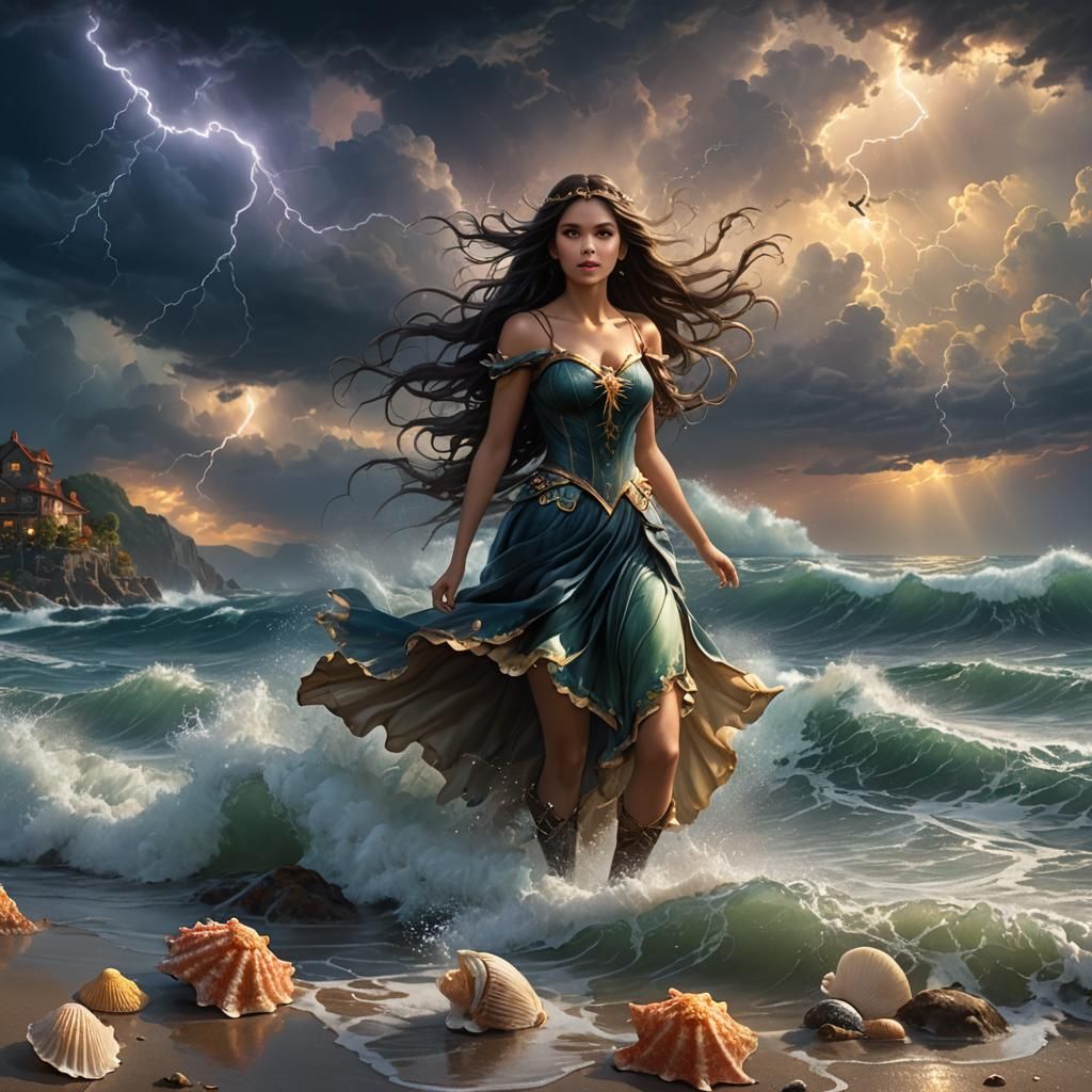 Fairy Emerges from Stormy Sea, Photorealistic Detail