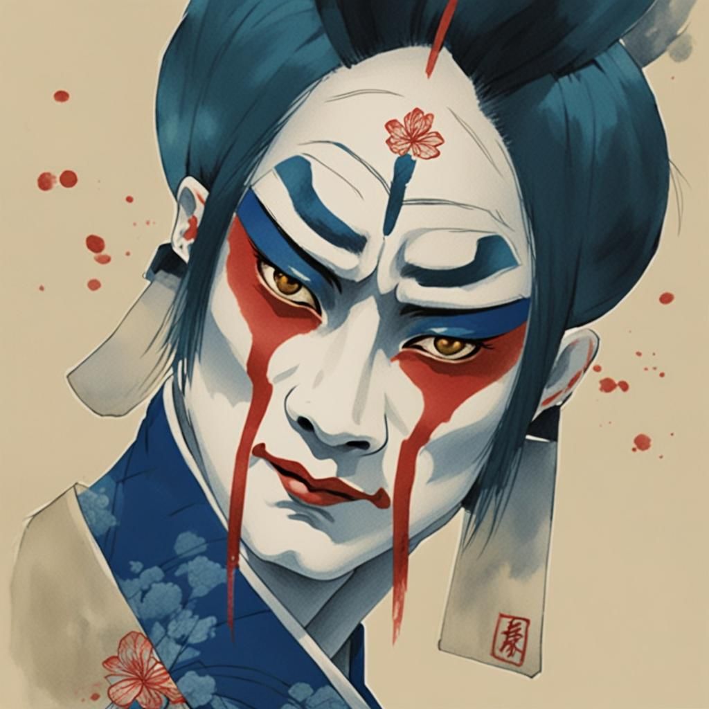 Ukiyo-e Kabuki Scene in Watercolor Etching