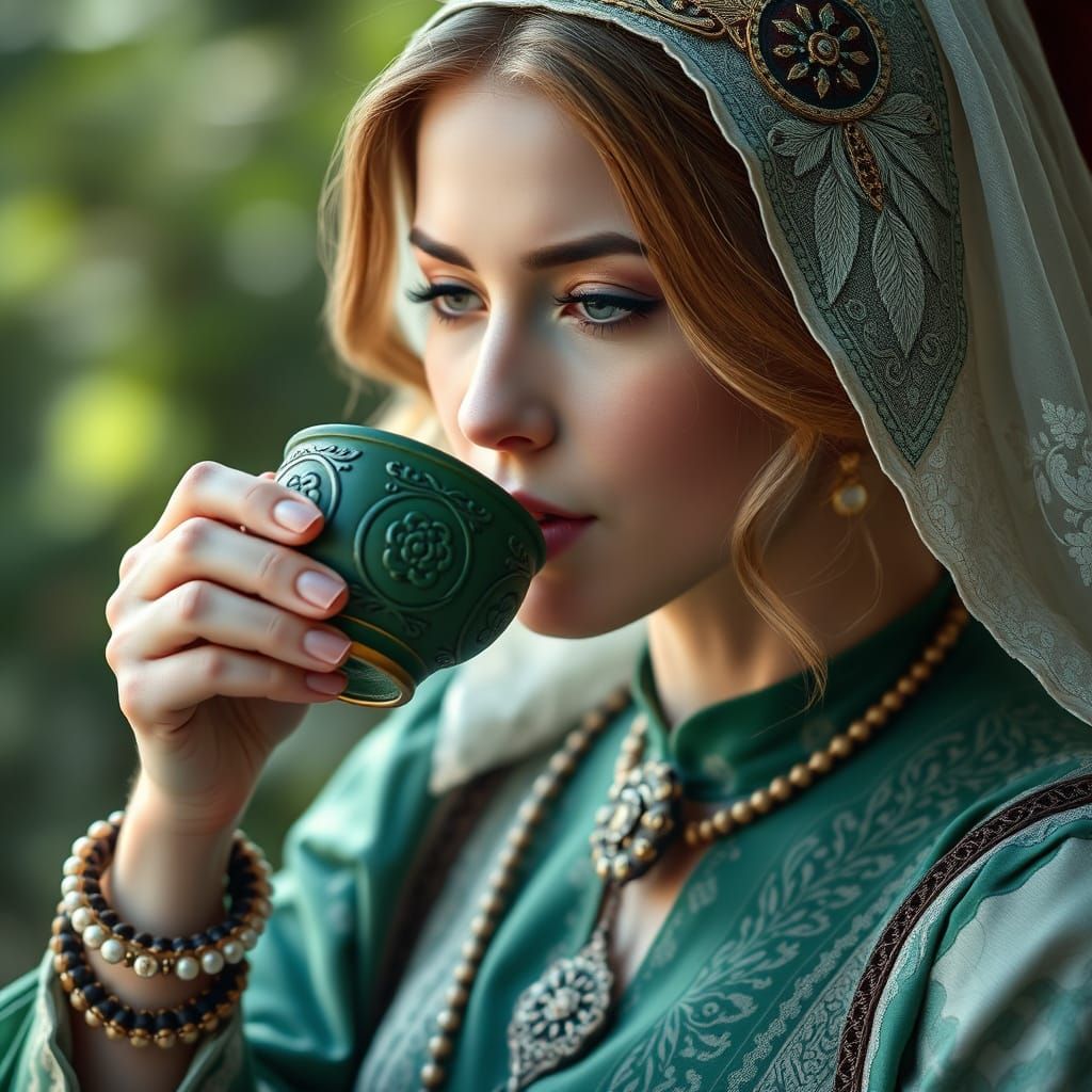 Elegant Queen Sips Tea from Ornate Wooden Cup in Whimsical A...