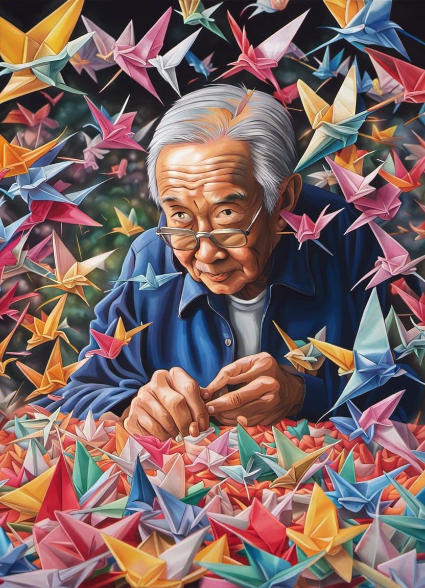 Japanese Man Folds Origami Cranes in Comic Art Style