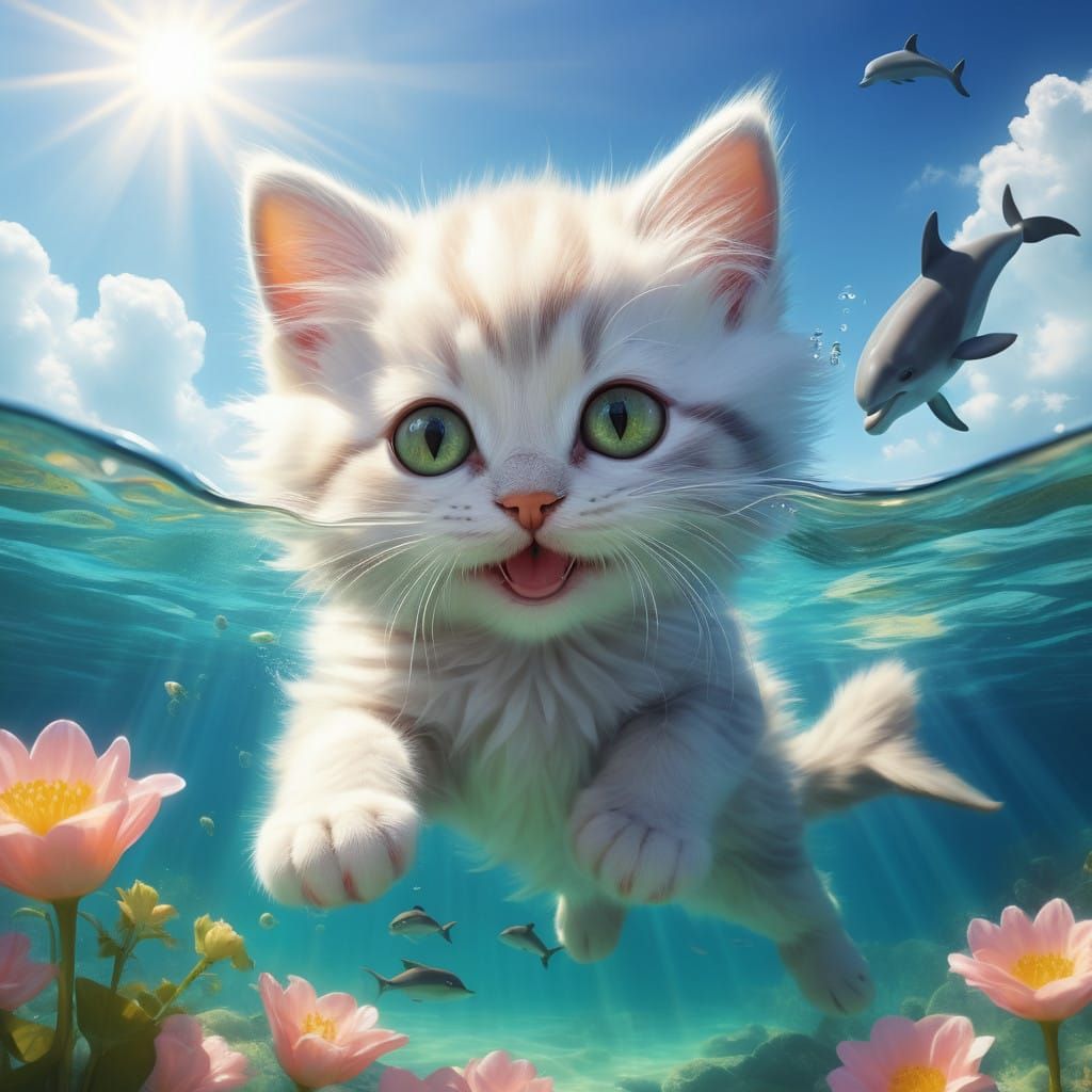 Fluffy Kitten with Cheerful Fish in Digital Art