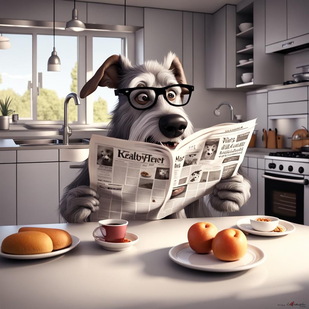 Cartoon Dog Reads Newspaper in Modern Kitchen