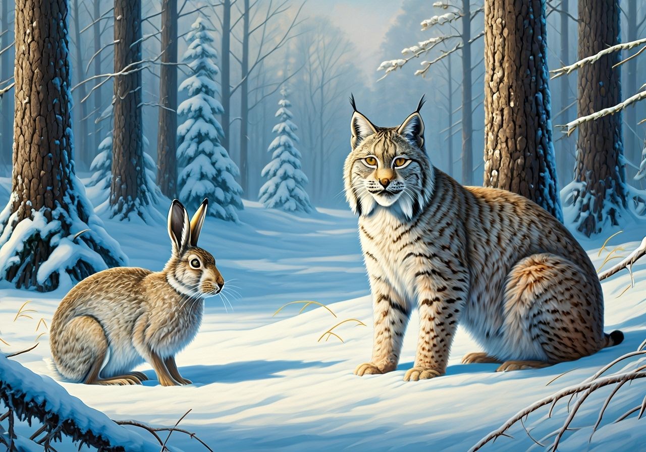 Canadian Lynx & Hare in Winter Forest | Oil Painting