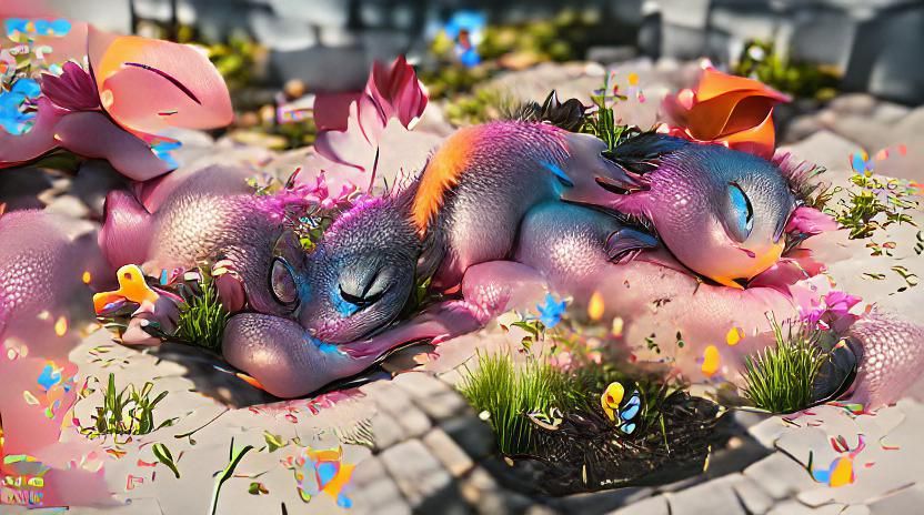 Cute Pixie Dragon Sleeping in Flower Bed