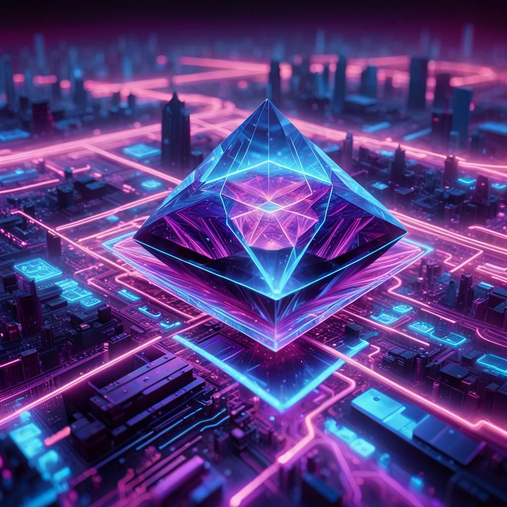 Diamond Neon Being in Futuristic Cityscape
