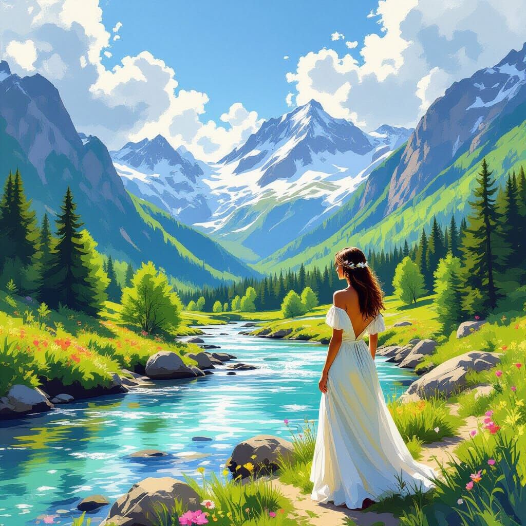 Serene Woman in Lush Mountains, Impressionist Style