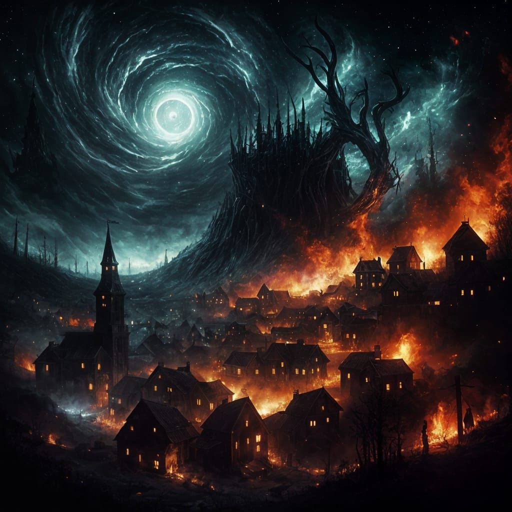 Eerie Medieval Village Ablaze with Cosmic Horror