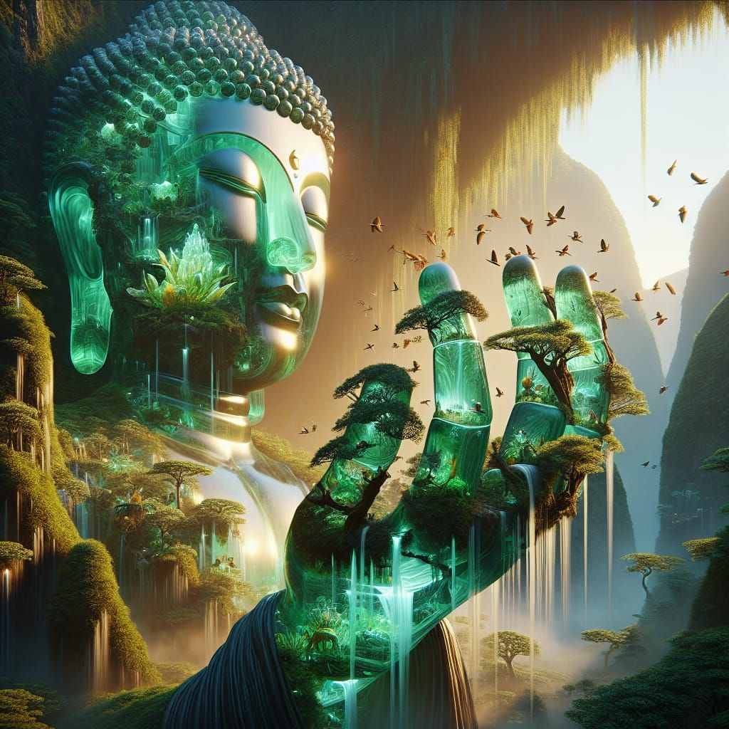 Emerald Buddha with Miniature Jungle and Crystal Waterfalls