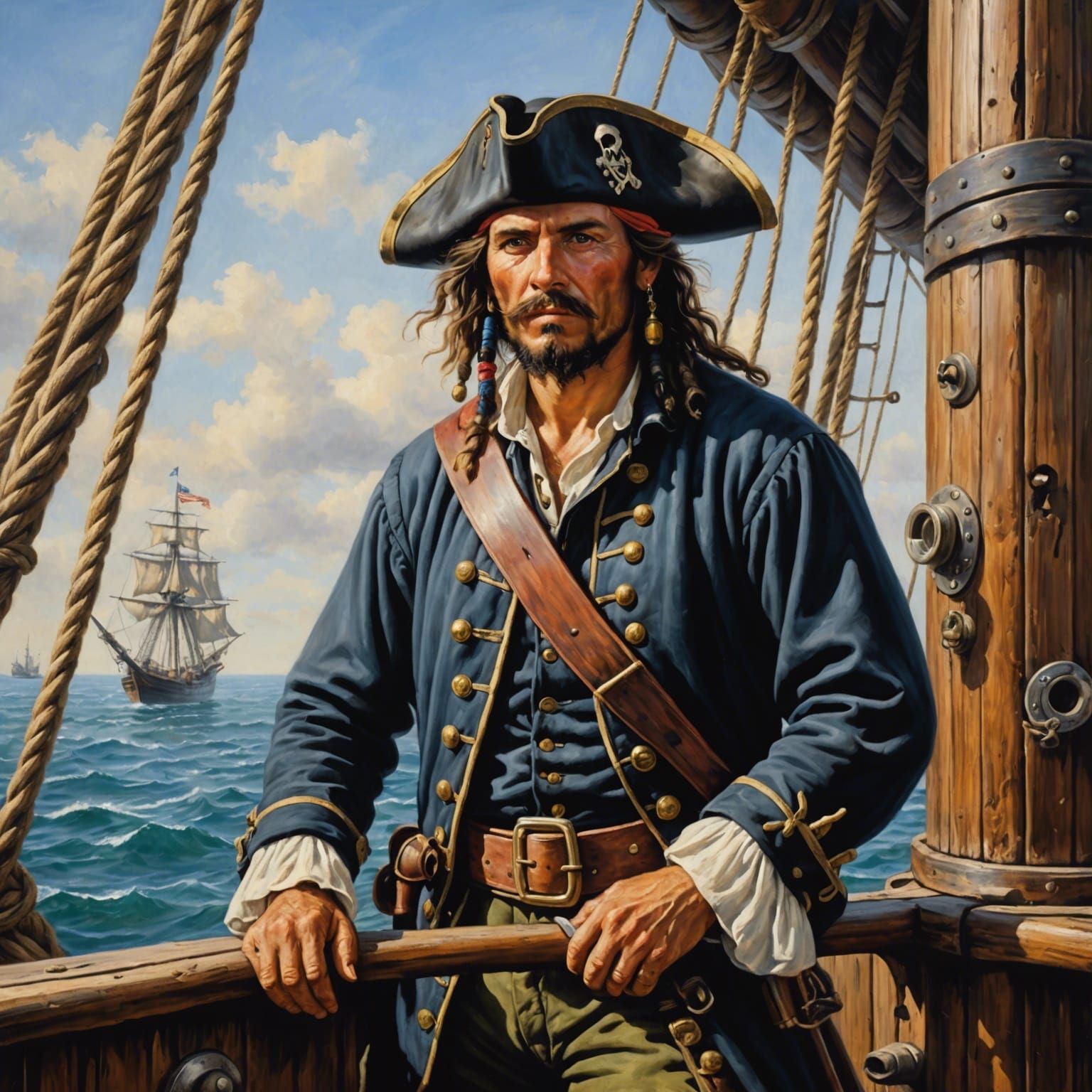 Pirate Deckhand on Sailing Ship: Oil Painting