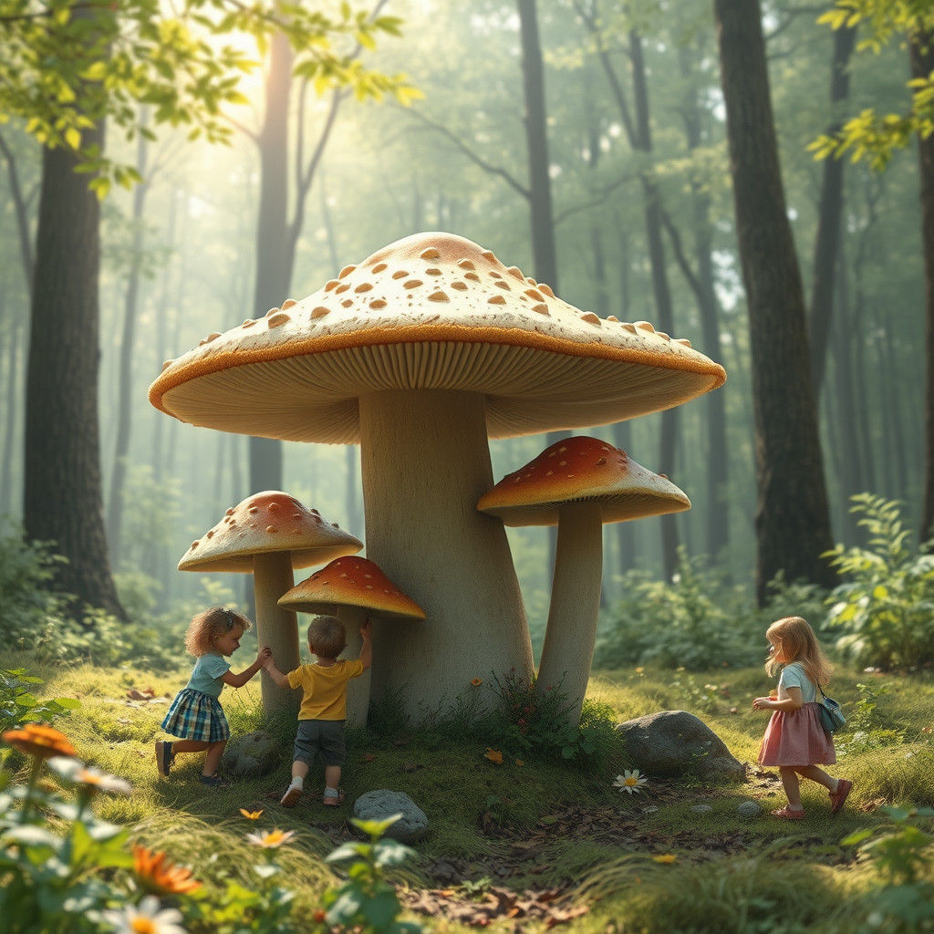 Children Play Among Giant Forest Mushrooms