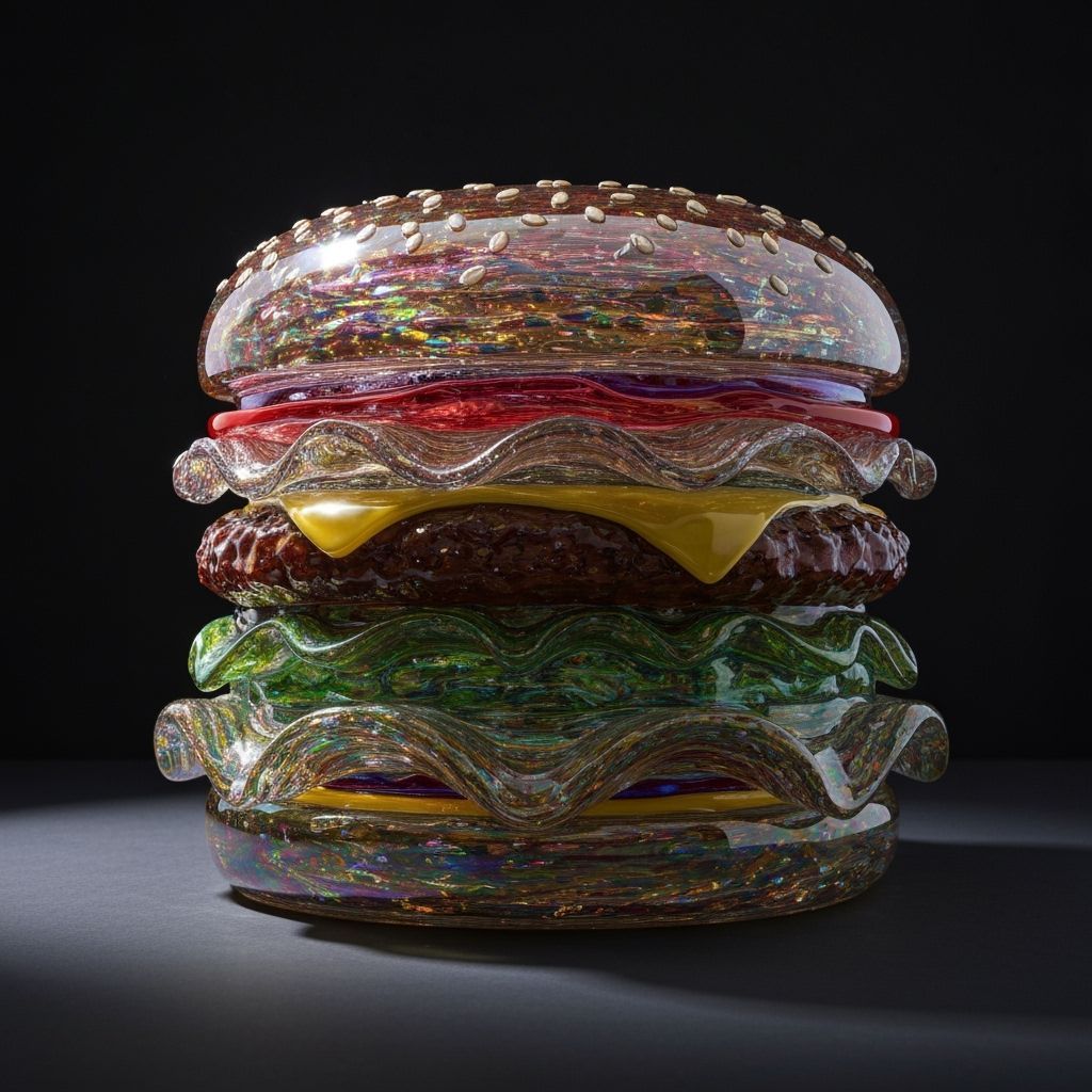 Hyperrealistic Glass Hamburger Sculpture in Contemporary Sty...