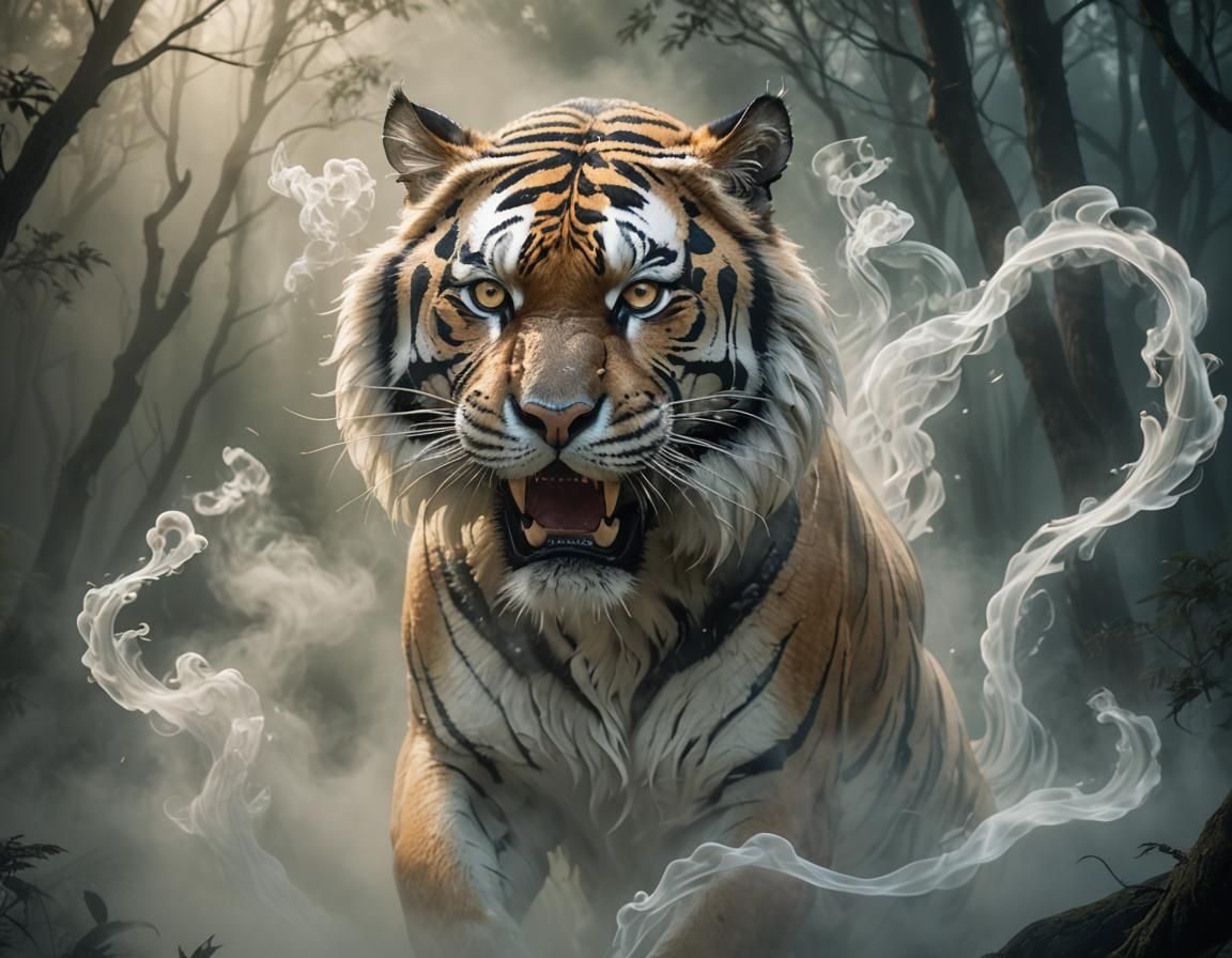 Ethereal Tiger Projection Unfurls in Smoky Dreamscape