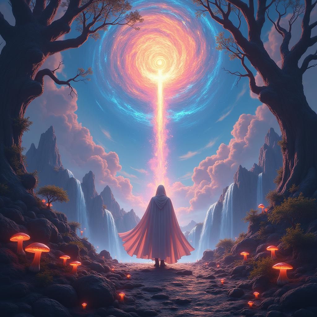 Heroic Figure in Ethereal Fantasy Landscape