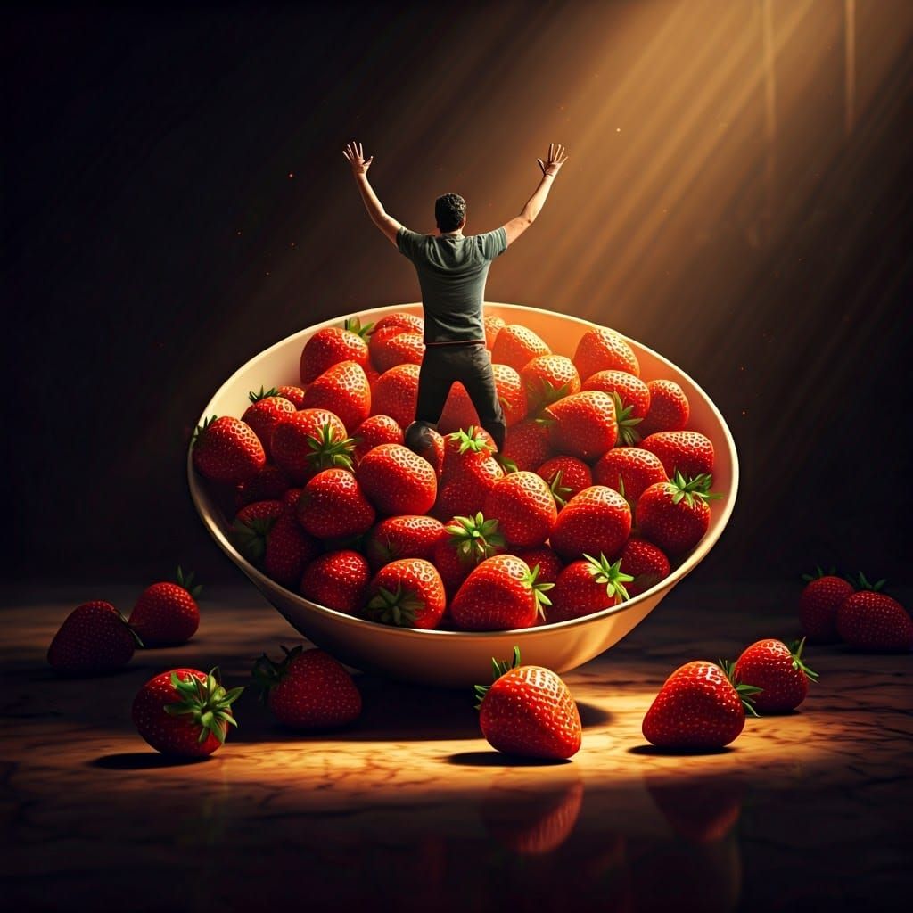 A Joyful Strawberry Splash in Warm Fantastical Lighting