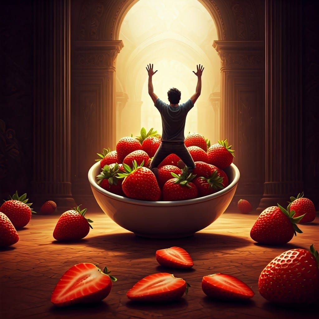 Happy Man Leaps from Strawberry Bowl in Vibrant Fantasy Scen...