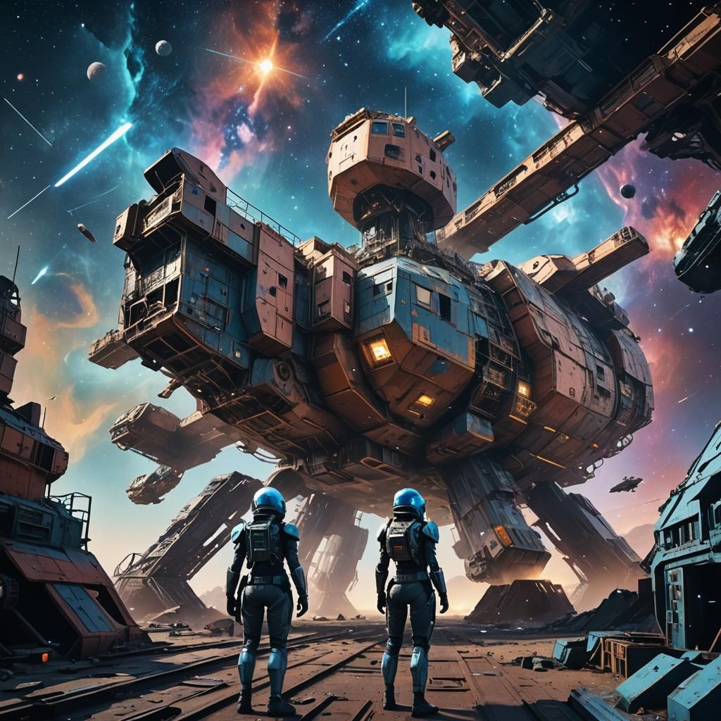 Industrial Sci-Fi Scene with Cyborg in Cyberpunk Style