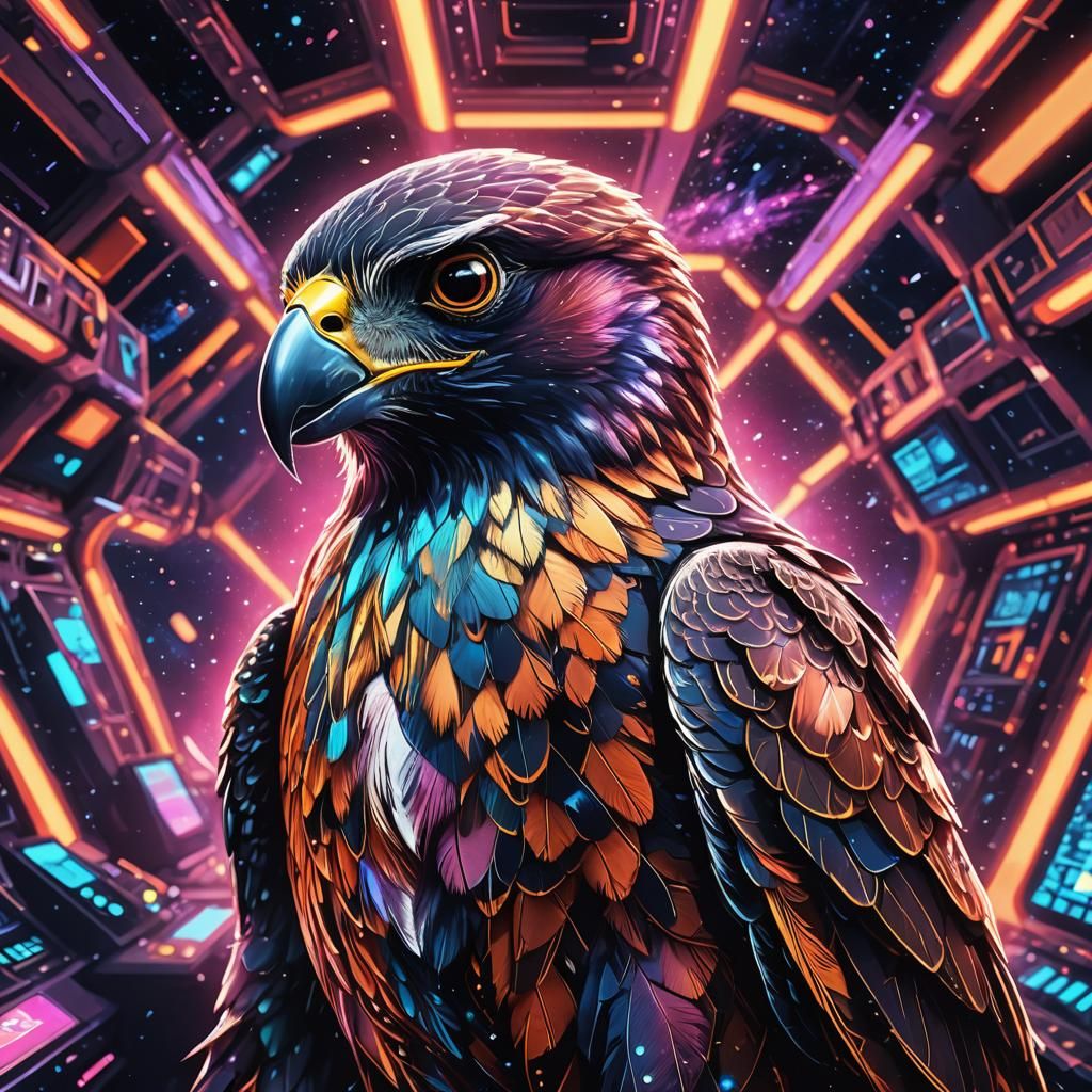 Cosmic Falcon in Neon-Lit Sci-Fi Spaceship