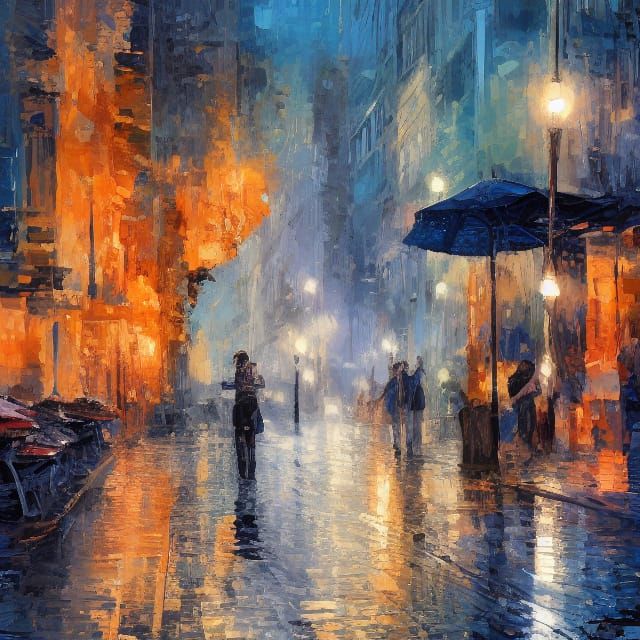 Neon City Street at Night, Reflecting Rain