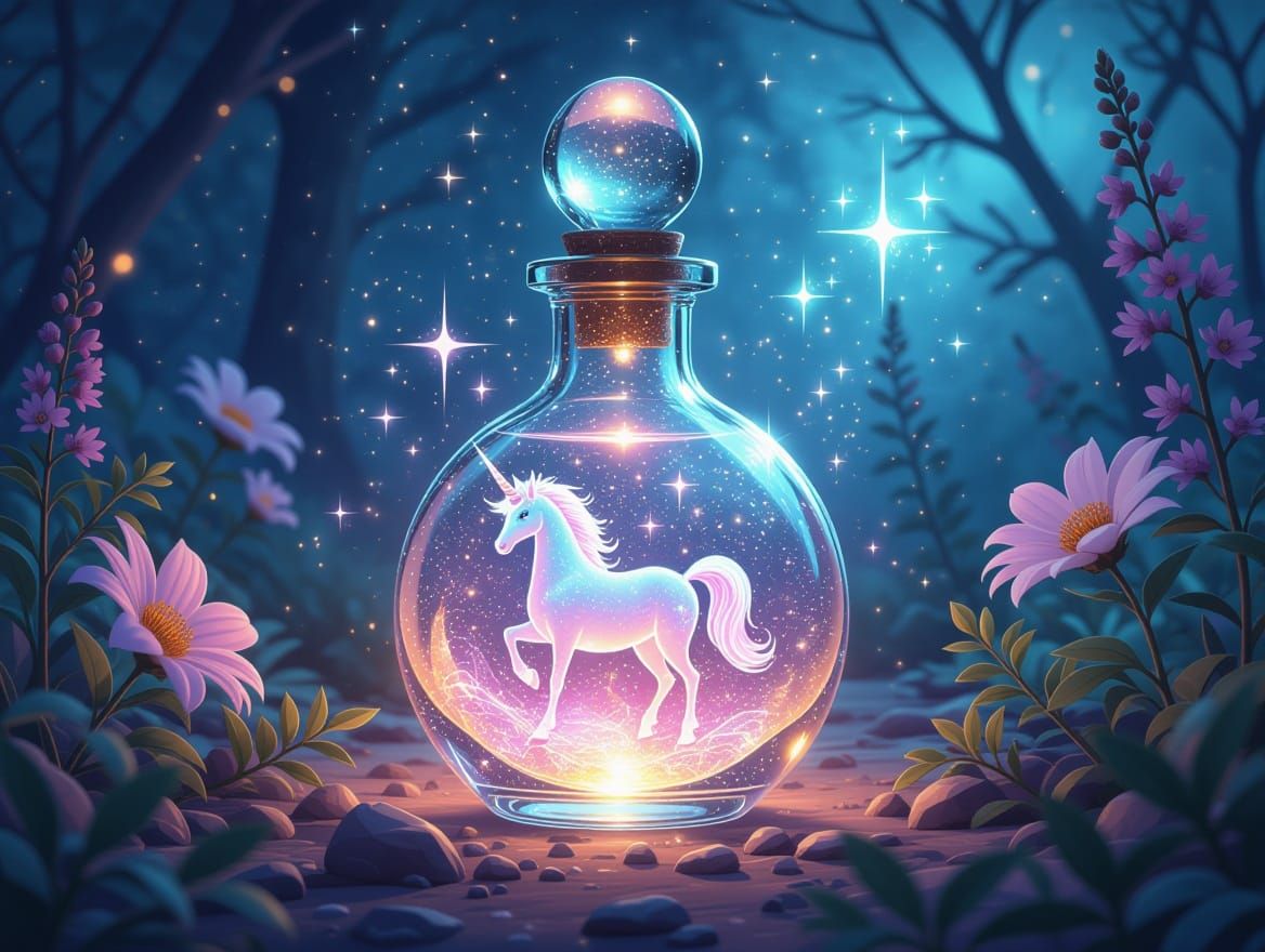 Ethereal Vial of Sparkling Elixir in Whimsical Setting
