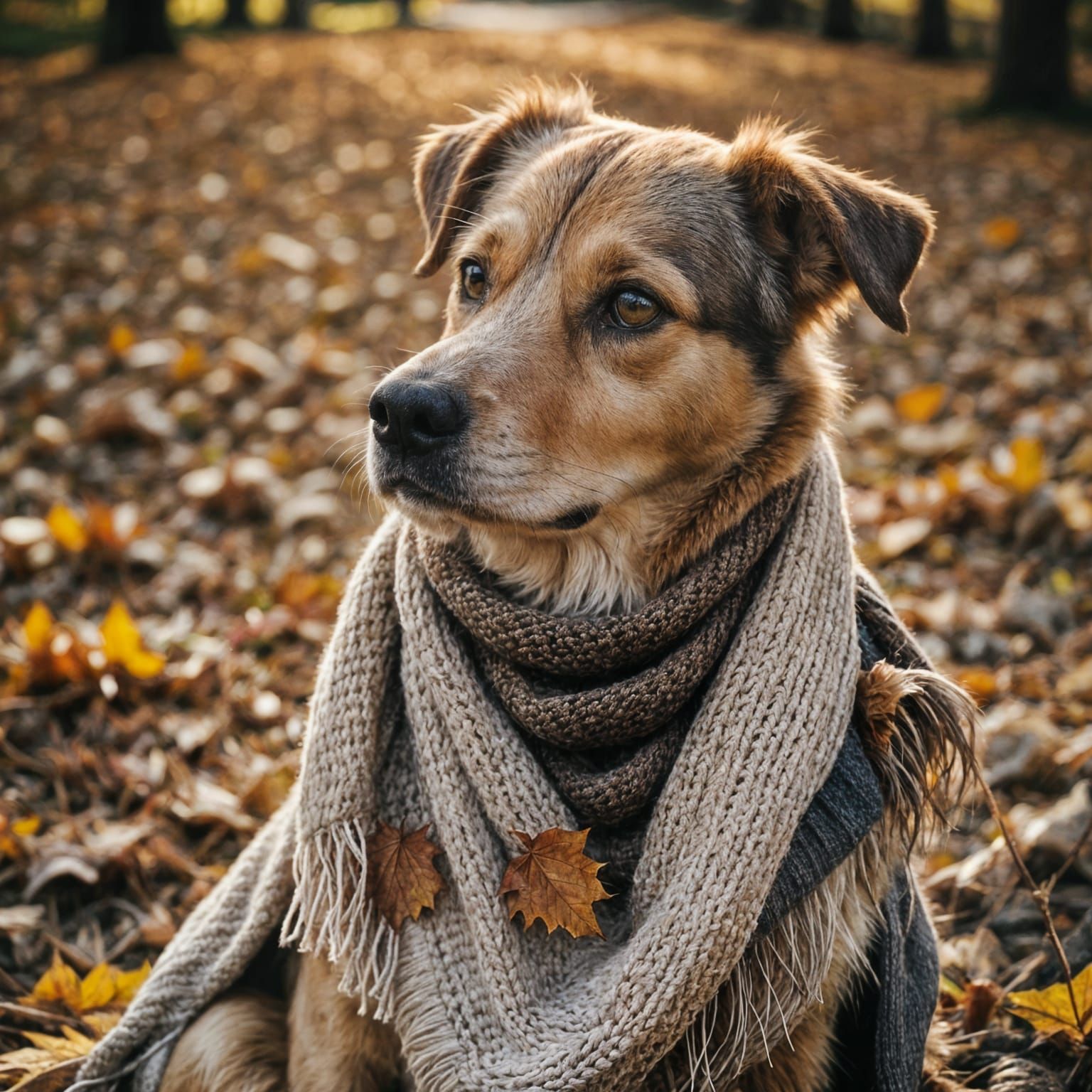 Dog in Scarf: Cinematic Autumn Portrait