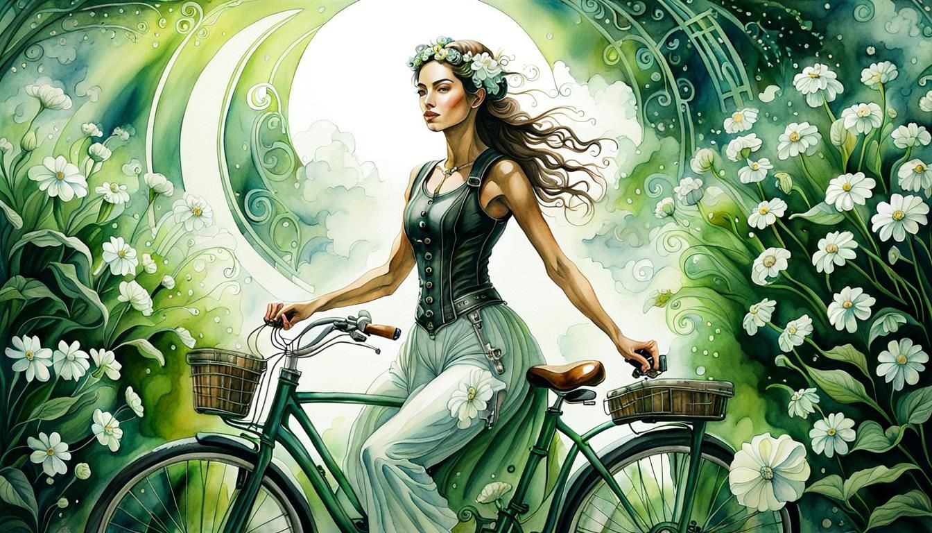 Woman on Bicycle with Steampunk Engine