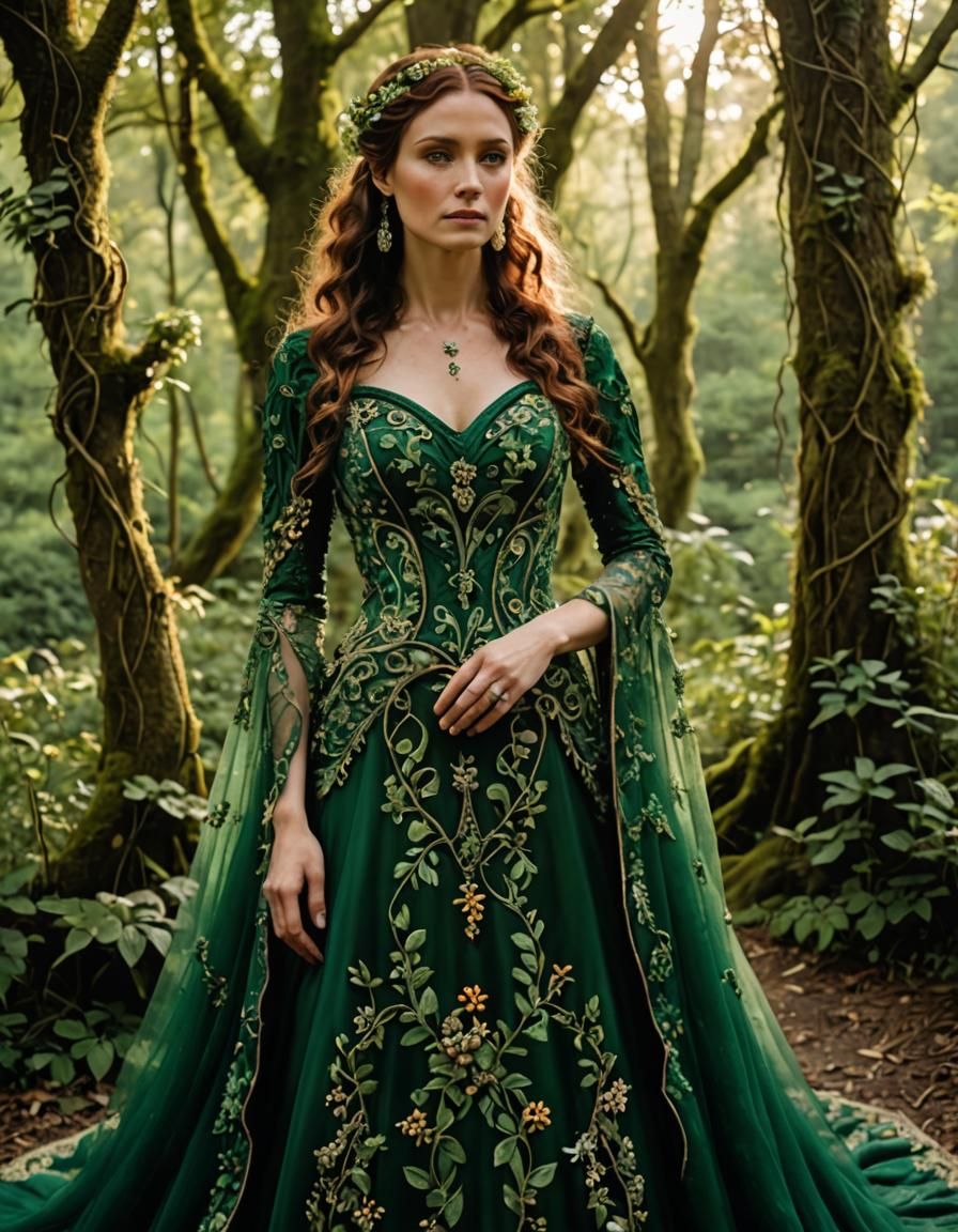 Emerald Celtic Wedding Dress in Forest Setting