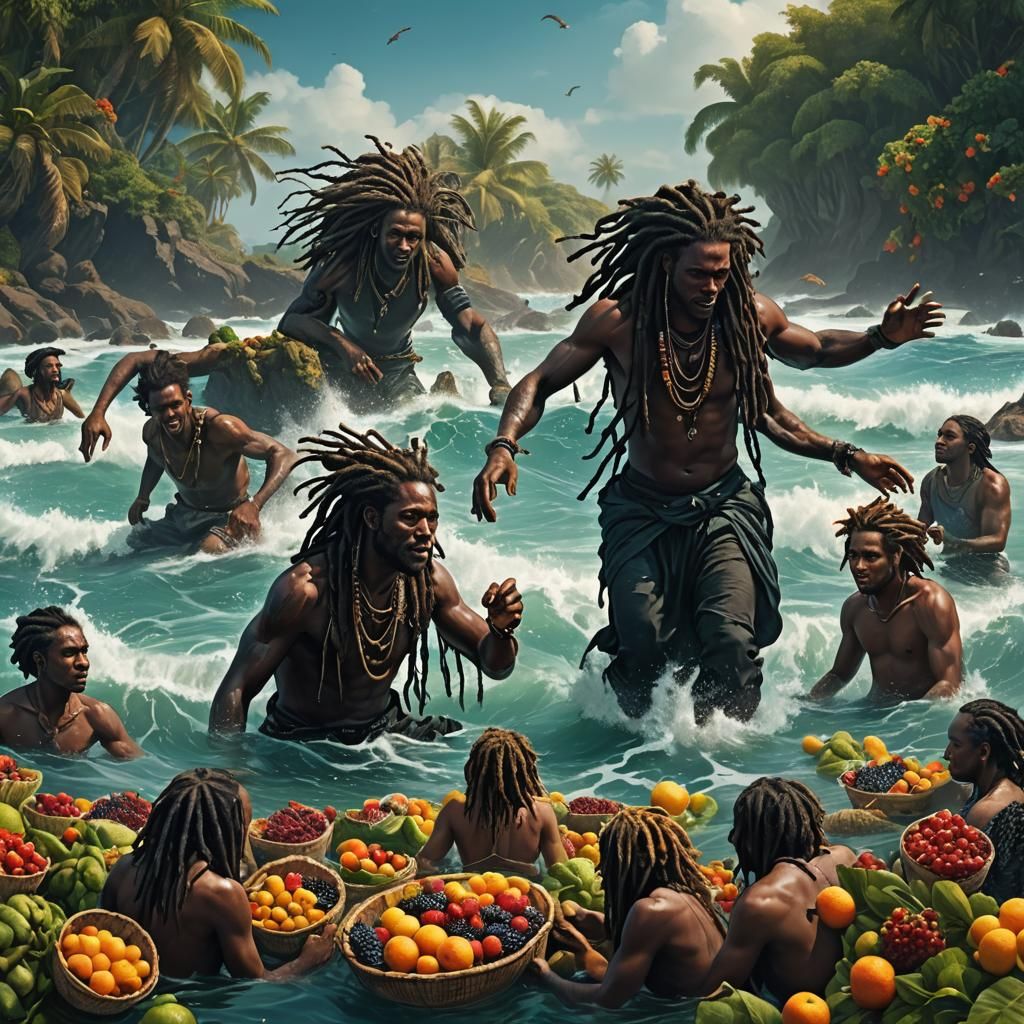 Black Men and Children in Berry Sea, Fantasy Art