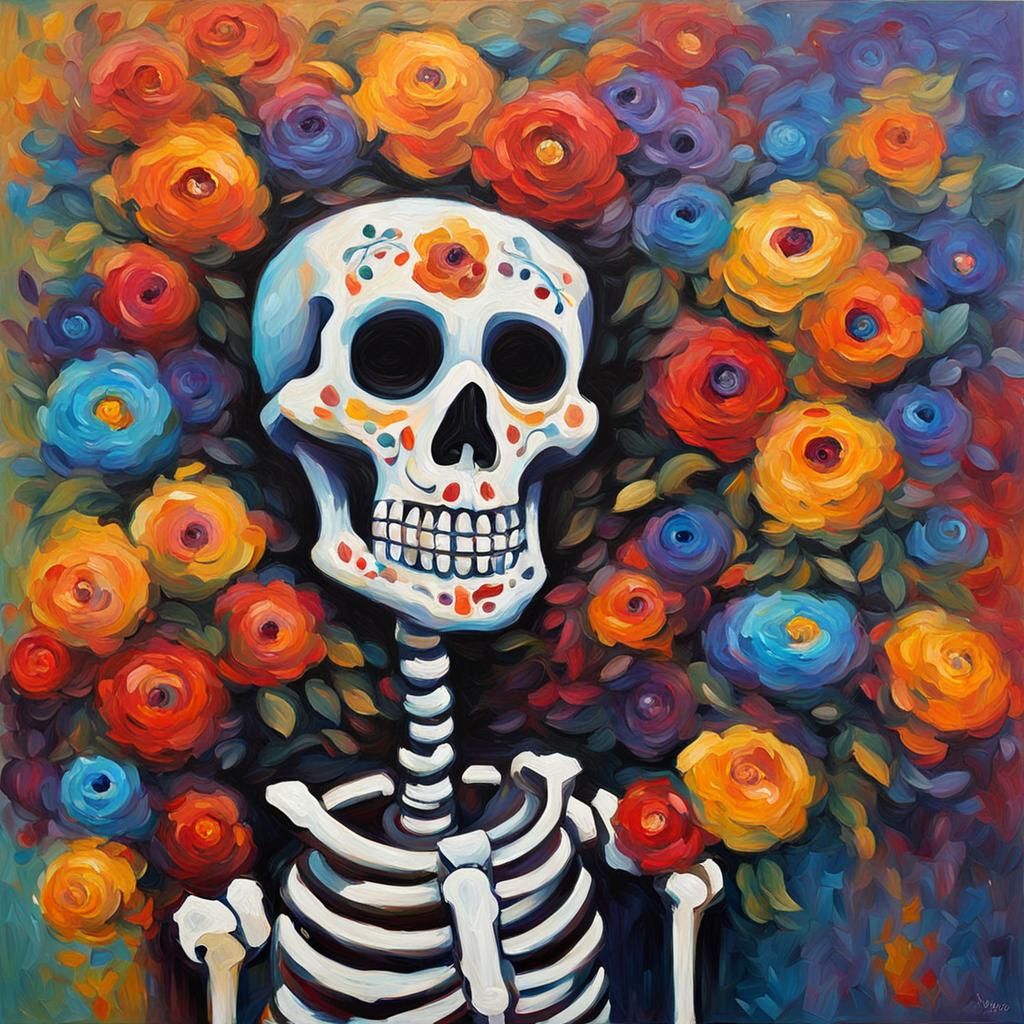 Colorful Dia De Muertos Skeleton in Expressionist Style