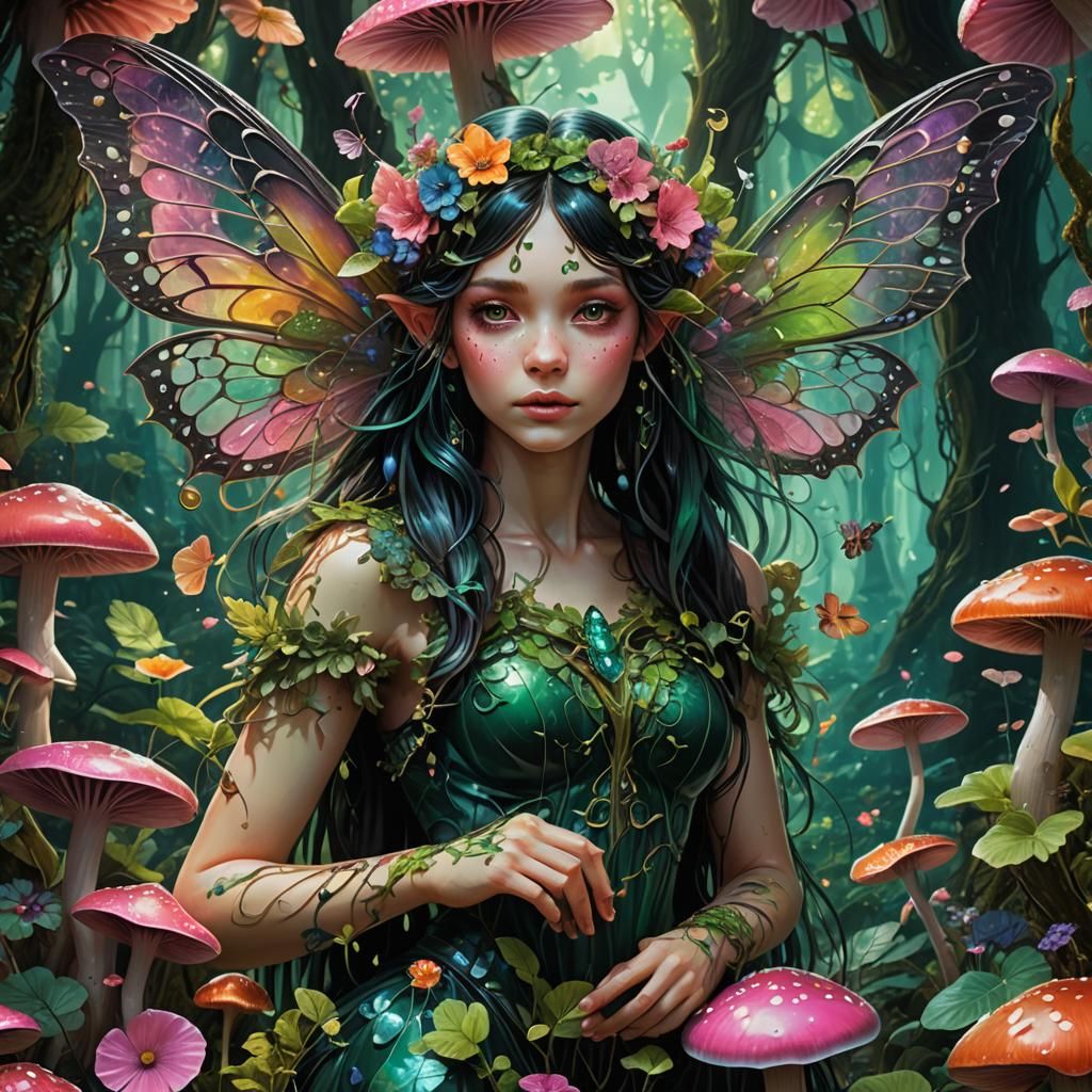 Enchanted Forest Fairy with Psychedelic Wings