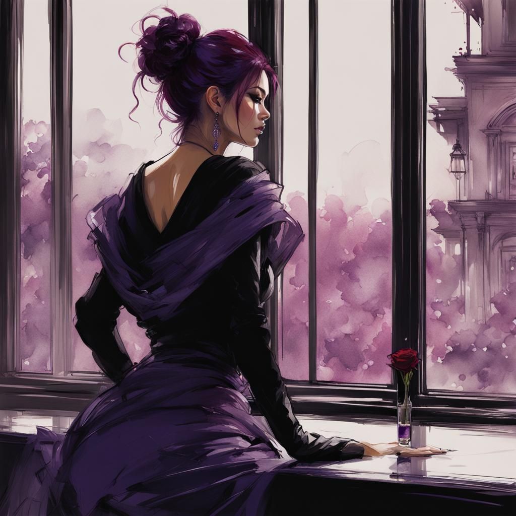 Beautiful Woman with Rose, Watercolor Pencil Sketch