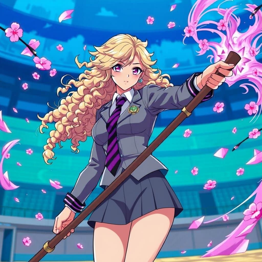 Anime Warrior Woman with Staff and Sakura Blossoms