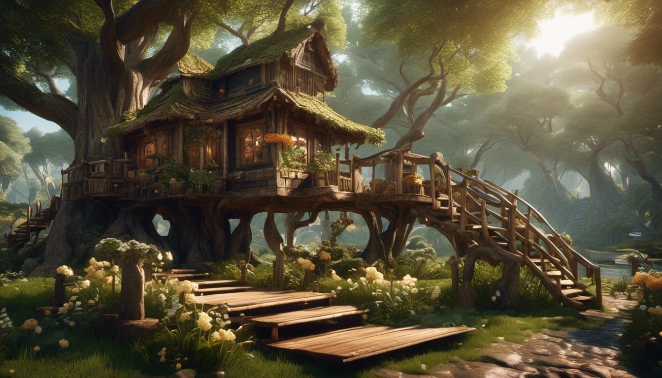 Pug on Rustic Treehouse Porch with Flowers