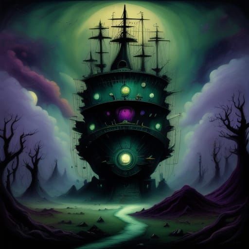 Derelict Spaceship Adrift in Ethereal Nebula Oil Painting