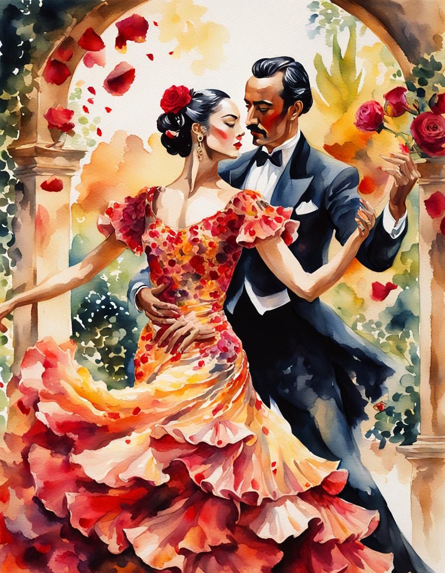 Flamenco Dancers in Exotic Garden: Watercolor Portrait