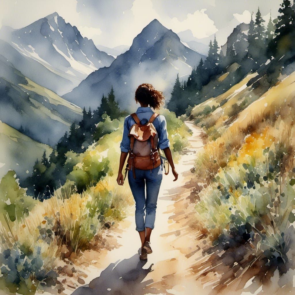 Watercolor Hiking Scene of Dark-Skinned Woman