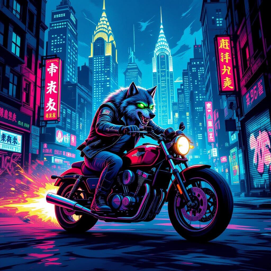 Werewolf Rider Speeds Through Neon Cityscape in 80s Comic St...
